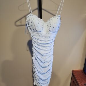 Cinderella Light Blue Ruched Midi Dress with Bead Embellishments